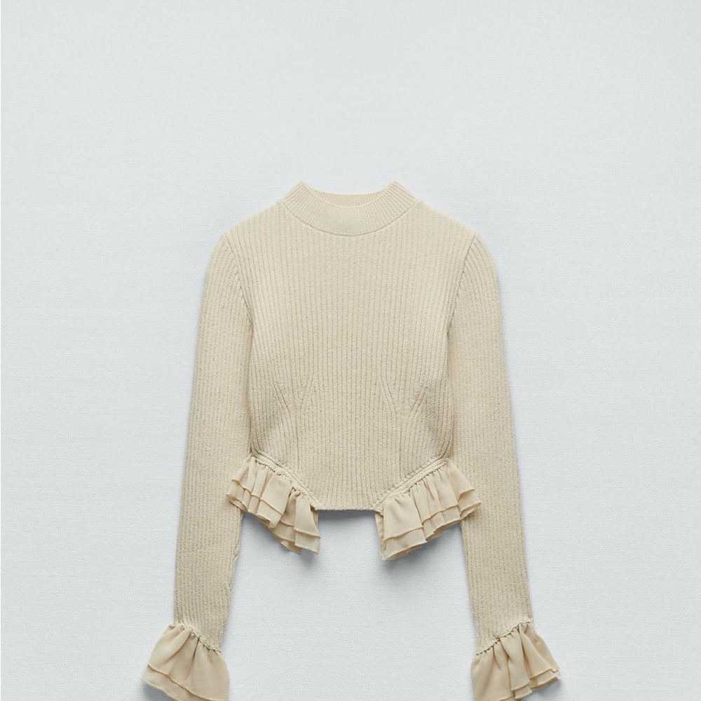 Zara Cream Ruffle Frill Knit Peplum Blouse